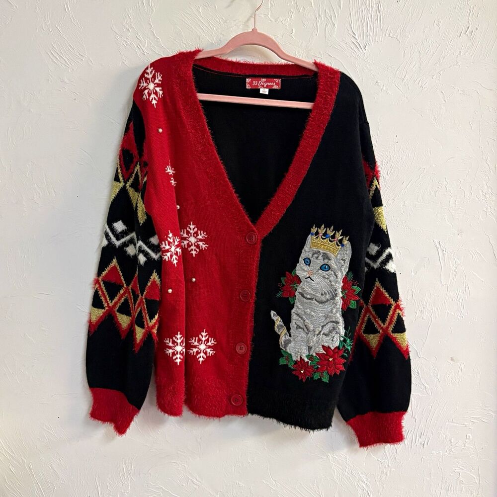 33 Degrees Womens 1X Black Red Fair Isle Cat Holiday V-Neck Button Cardigan